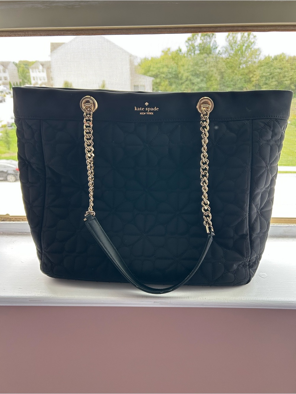 kate spade Black Quilted Tote with Gold Chain Handles